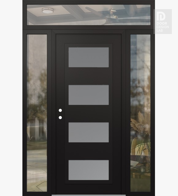 Modern Steel Front Door Diamond C2 64" x 96" black/white frosted Glass Panel black RHI with 2 Sidelites and Transom clear Glass