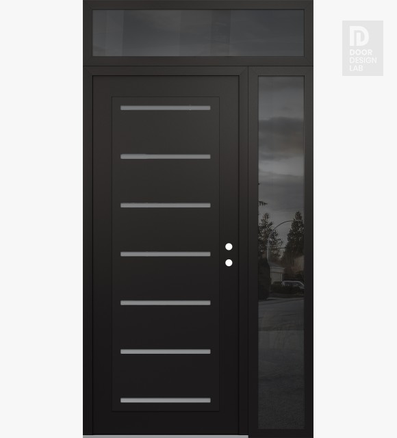 Modern Steel Front Door Diamond C11 50" x 96" black/white frosted Glass Panel black LHI with Sidelite and Transom mirrored Glass