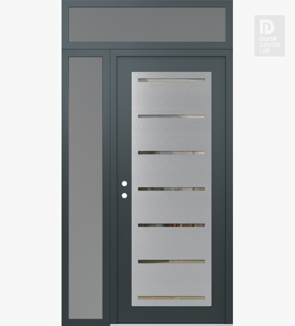 Modern Steel Front Door Diamond C11 48" x 96" anthracite/anthracite clear Glass Panel stainless steel RHI with Sidelite and Transom frosted Glass