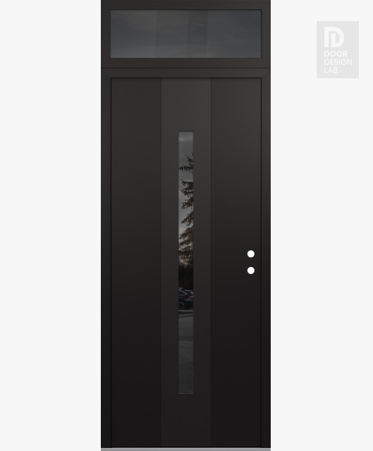 Modern Steel Front Door DIAMOND A2 36" X 96" BLACK/BLACK MIRRORED GLASS PANEL BLACK LHI WITH TRANSOM MIRRORED GLASS