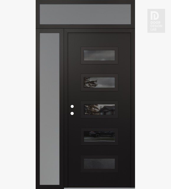Modern Steel Front Door Diamond D1 52" x 96" black/black mirrored Glass Panel black RHI with Sidelite and Transom frosted Glass