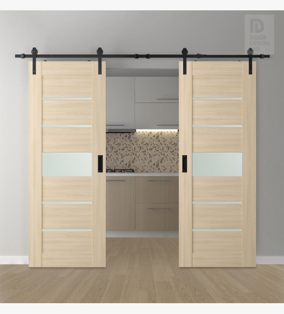 DOUBLE BARN DOOR AVON 07-06 VETRO LOIRE ASH 36" X 96" X 1 3/4" BLACK HARDWARE