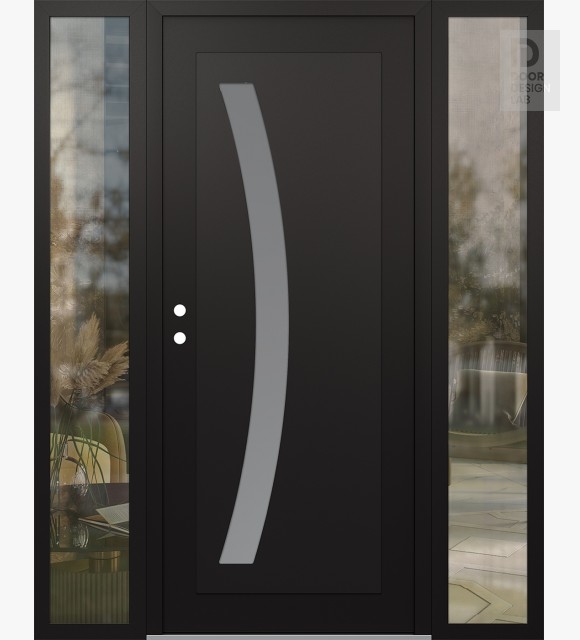 Modern Steel Front Door Diamond C4 68" x 80" black/white frosted Glass Panel black RHI with 2 Sidelites clear Glass