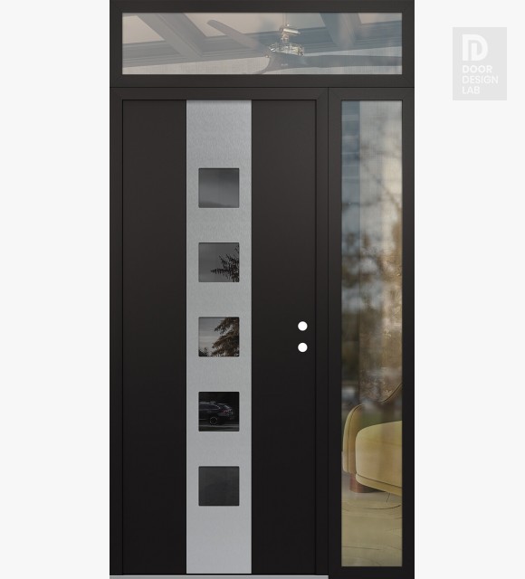 Modern Steel Front Door DIAMOND A13 50" X 96" BLACK/BLACK MIRRORED GLASS PANEL STAINLESS STEEL LHI WITH SIDELITE AND TRANSOM CLEAR GLASS
