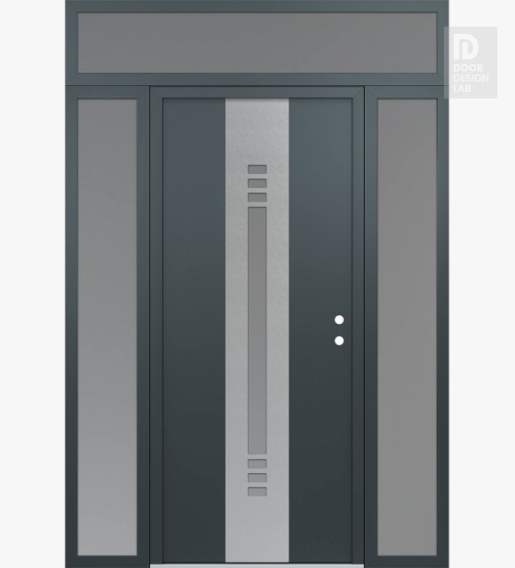Modern Steel Front Door DIAMOND A5 64" X 96" ANTHRACITE/ANTHRACITE FROSTED GLASS PANEL STAINLESS STEEL LHI WITH 2 SIDELITES AND TRANSOM FROSTED GLASS