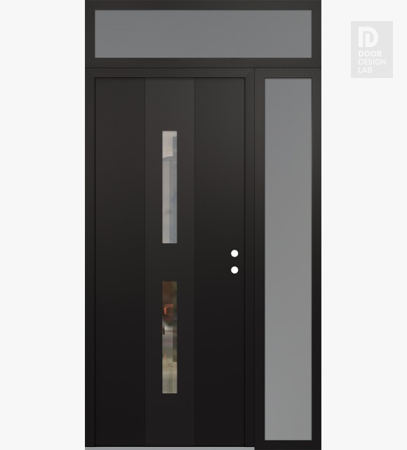 Modern Steel Front Door DIAMOND A6 52" X 96" BLACK/BLACK CLEAR GLASS PANEL BLACK LHI WITH SIDELITE AND TRANSOM FROSTED GLASS