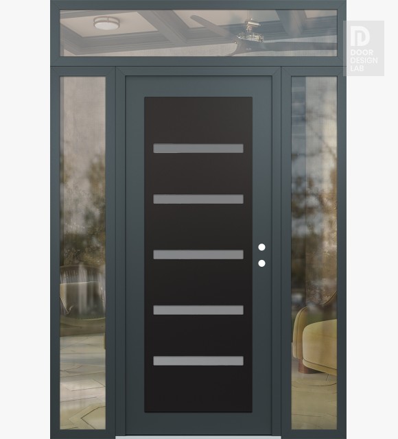 Modern Steel Front Door Diamond C7 64" x 96" anthracite/anthracite frosted Glass Panel black LHI with 2 Sidelites and Transom clear Glass