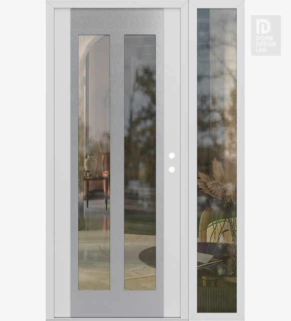 Modern Steel Front Door Diamond C14 48" x 80" white/white clear Glass Panel stainless steel LHI with Sidelite clear Glass