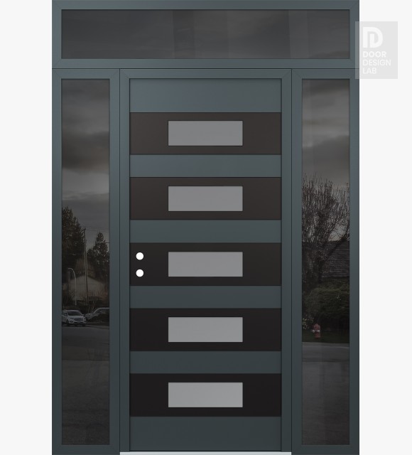 Modern Steel Front Door Diamond D5 64" x 96" anthracite/anthracite frosted Glass Panel black RHI with 2 Sidelites and Transom mirrored Glass