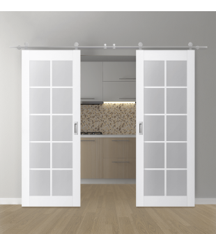 DOUBLE BARN DOOR PALLADIO 10 LITE VETRO BIANCO NOBLE 64" X 96" X 1 9/16" TEMPERED FROSTED GLASS STAINLESS STEEL HARDWARE