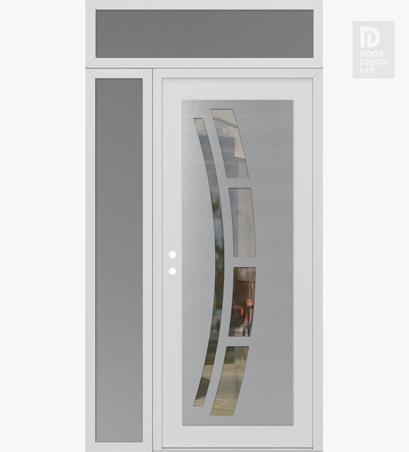 Modern Steel Front Door Diamond C12 50" x 96" white/white clear Glass Panel stainless steel RHI with Sidelite and Transom frosted Glass