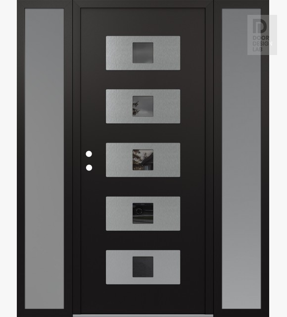 Modern Steel Front Door Diamond D8 68" x 80" black/black mirrored Glass Panel stainless steel RHI with 2 Sidelites frosted Glass