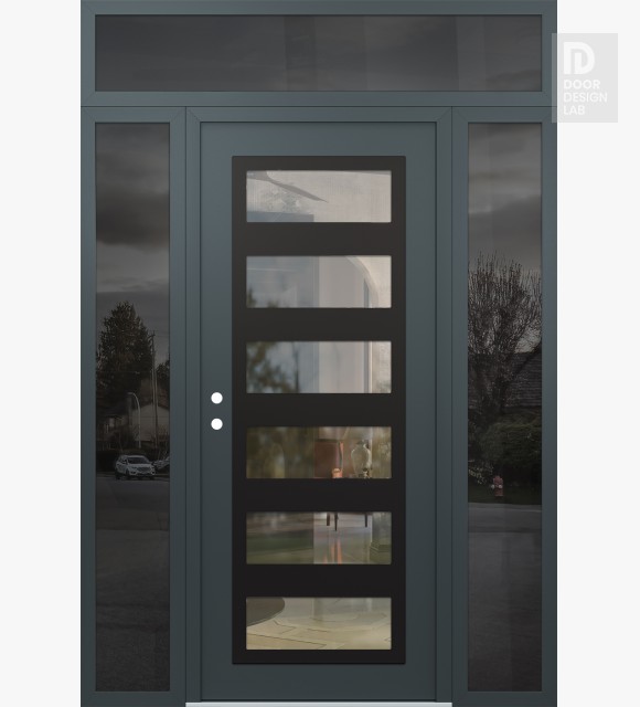 Modern Steel Front Door Diamond C9 64" x 96" anthracite/anthracite clear Glass Panel black RHI with 2 Sidelites and Transom mirrored Glass
