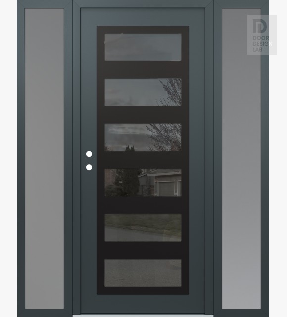 Modern Steel Front Door Diamond C9 60" x 80" anthracite/anthracite mirrored Glass Panel black RHI with 2 Sidelites frosted Glass
