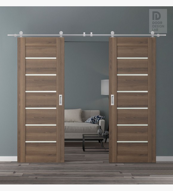 DOUBLE BARN DOOR AVON 07-02 VETRO PECAN NUTWOOD 64" X 96" X 1 3/4" STAINLESS STEEL HARDWARE