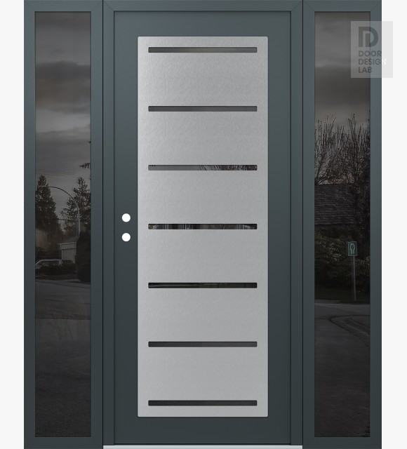 Modern Steel Front Door Diamond C11 64" x 80" anthracite/anthracite mirrored Glass Panel stainless steel RHI with 2 Sidelites mirrored Glass