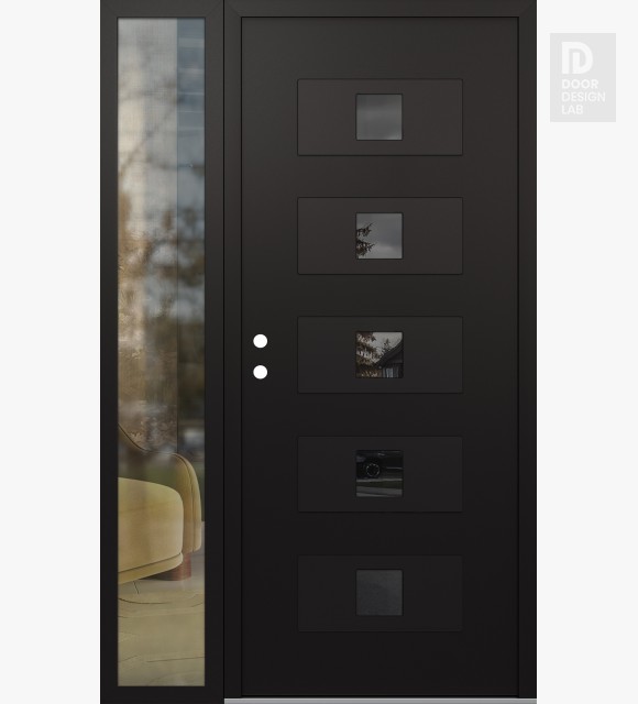 Modern Steel Front Door Diamond D8 50" x 80" black/black mirrored Glass Panel black RHI with Sidelite clear Glass
