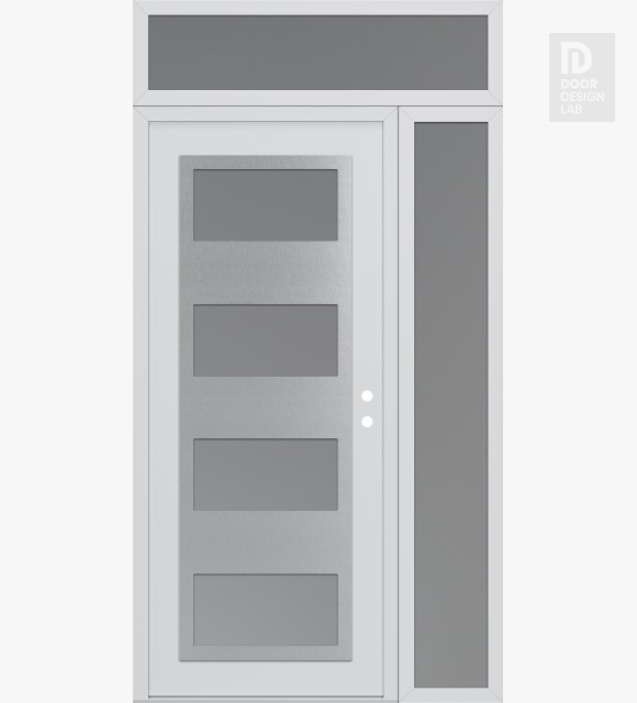 Modern Steel Front Door Diamond C2 48" x 96" white/white frosted Glass Panel stainless steel LHI with Sidelite and Transom frosted Glass