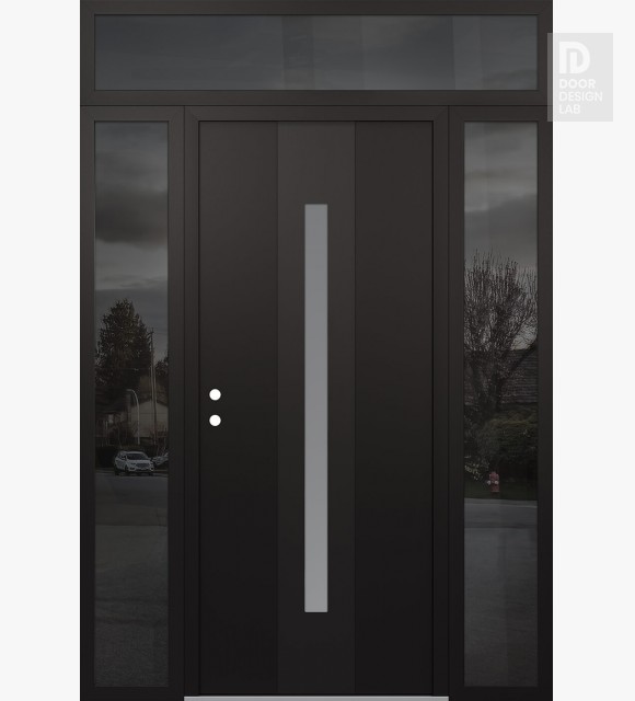 Modern Steel Front Door DIAMOND A2 68" X 96" BLACK/WHITE FROSTED GLASS PANEL BLACK RHI WITH 2 SIDELITES AND TRANSOM MIRRORED GLASS