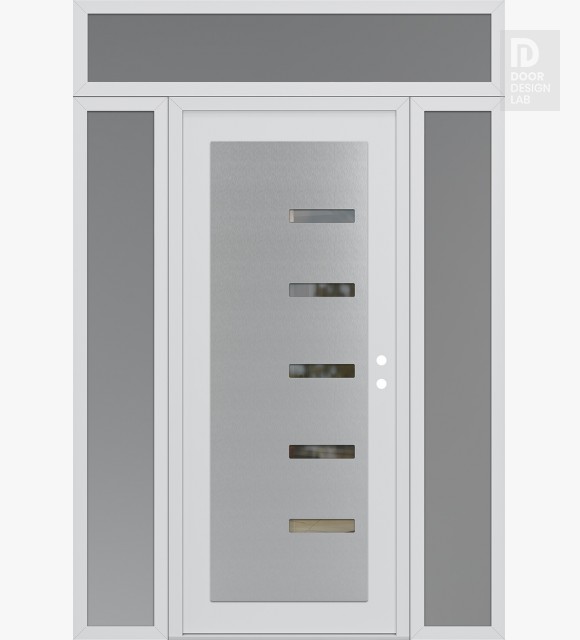 Modern Steel Front Door Diamond C8 64" x 96" white/white clear Glass Panel stainless steel LHI with 2 Sidelites and Transom frosted Glass