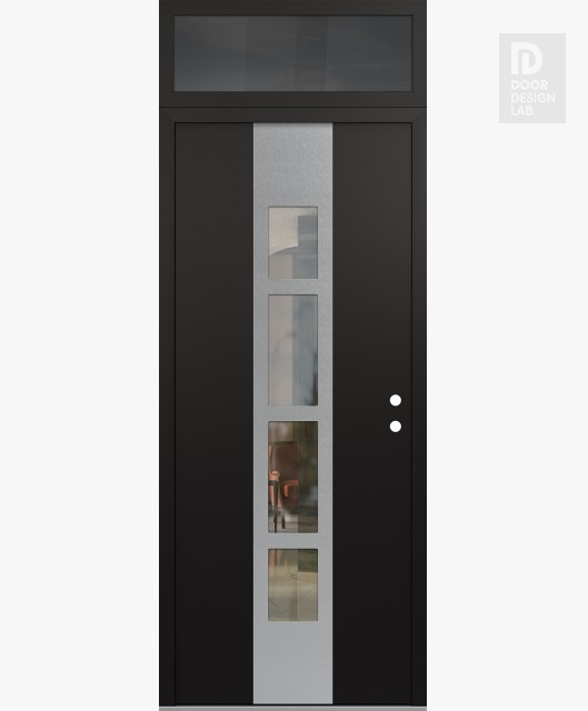 Modern Steel Front Door DIAMOND A10 36" X 96" BLACK/BLACK CLEAR GLASS PANEL STAINLESS STEEL LHI WITH TRANSOM MIRRORED GLASS
