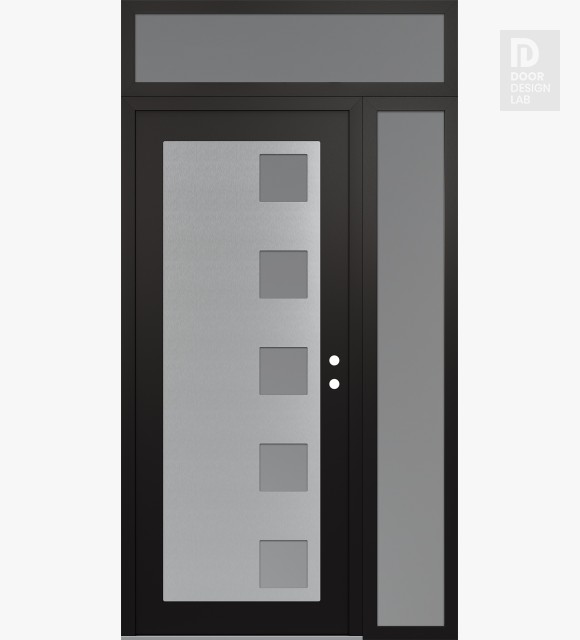 Modern Steel Front Door Diamond C5 48" x 96" black/white frosted Glass Panel stainless steel LHI with Sidelite and Transom frosted Glass