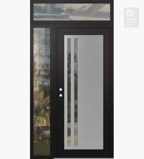 Modern Steel Front Door Diamond C6 48" x 96" black/black clear Glass Panel stainless steel RHI with Sidelite and Transom clear Glass