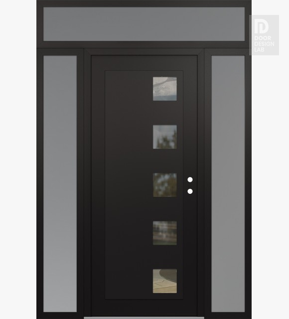 Modern Steel Front Door Diamond C5 60" x 96" black/black clear Glass Panel black LHI with 2 Sidelites and Transom frosted Glass