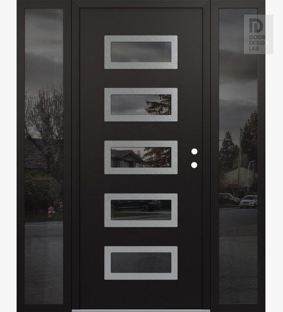 Modern Steel Front Door Diamond D1 68" x 80" black/black mirrored Glass Panel stainless steel LHI with 2 Sidelites mirrored Glass