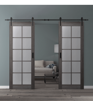 DOUBLE BARN DOOR PALLADIO 10 LITE VETRO GRAY OAK 56" X 96" X 1 9/16" TEMPERED FROSTED GLASS BLACK HARDWARE