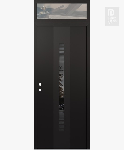 Modern Steel Front Door DIAMOND A5 36" X 96" BLACK/BLACK MIRRORED GLASS PANEL BLACK RHI WITH TRANSOM CLEAR GLASS