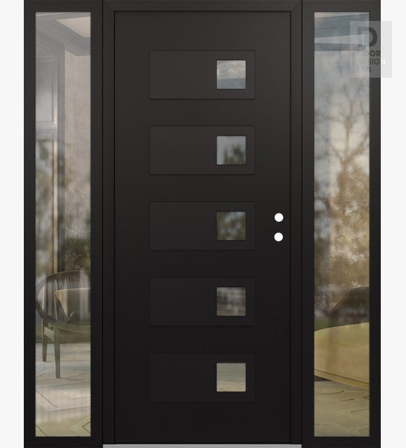 Modern Steel Front Door Diamond D2 64" x 80" black/black clear Glass Panel black LHI with 2 Sidelites clear Glass