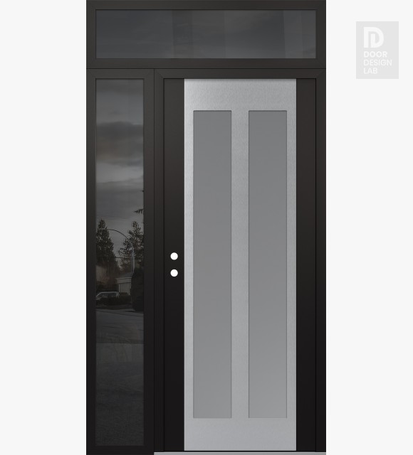 Modern Steel Front Door Diamond C14 50" x 96" black/white frosted Glass Panel stainless steel RHI with Sidelite and Transom mirrored Glass