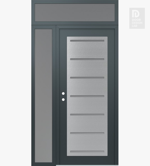 Modern Steel Front Door Diamond C11 50" x 96" anthracite/anthracite frosted Glass Panel stainless steel RHI with Sidelite and Transom frosted Glass