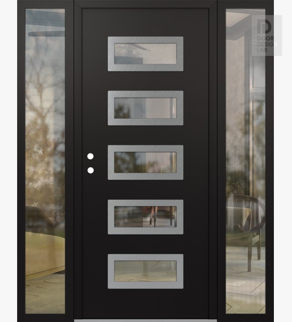 Modern Steel Front Door Diamond D1 68" x 80" black/black clear Glass Panel stainless steel RHI with 2 Sidelites clear Glass