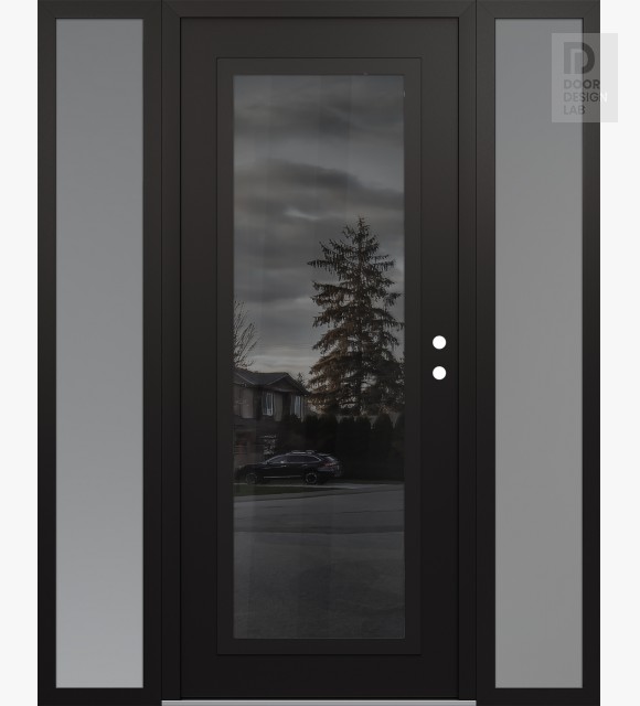 Modern Steel Front Door Diamond C1 68" x 80" black/black mirrored Glass Panel black LHI with 2 Sidelites frosted Glass