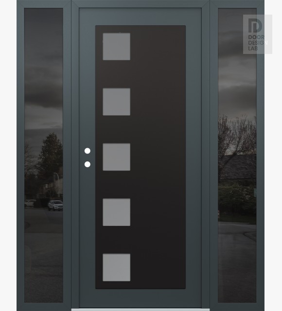 Modern Steel Front Door Diamond C5 68" x 80" anthracite/anthracite frosted Glass Panel black RHI with 2 Sidelites mirrored Glass