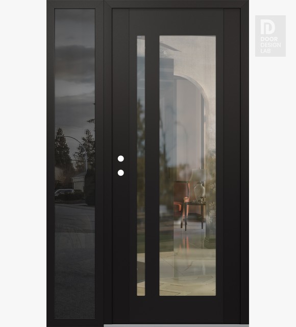 Modern Steel Front Door Diamond C15 50" x 80" black/black clear Glass Panel black RHI with Sidelite mirrored Glass