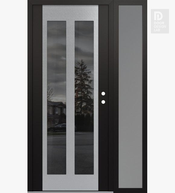 Modern Steel Front Door Diamond C14 50" x 80" black/black mirrored Glass Panel stainless steel LHI with Sidelite frosted Glass