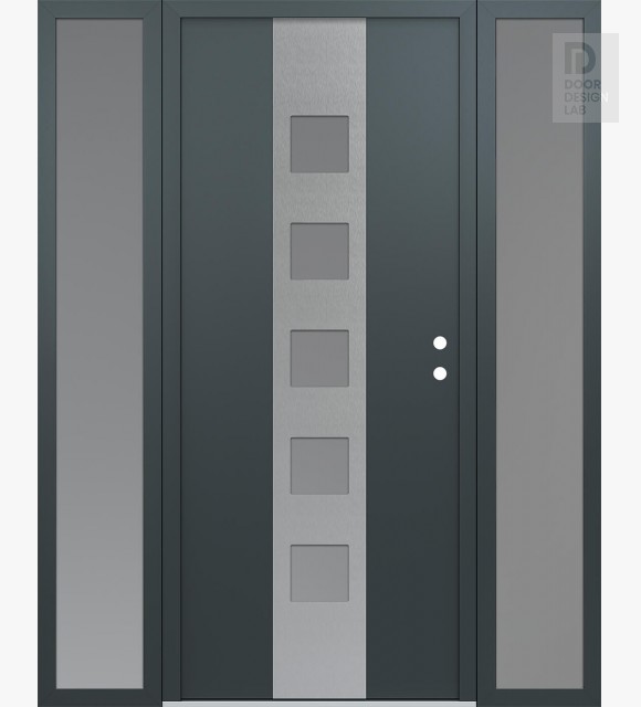 Modern Steel Front Door DIAMOND A13 60" X 80" ANTHRACITE/ANTHRACITE FROSTED GLASS PANEL STAINLESS STEEL LHI WITH 2 SIDELITES FROSTED GLASS