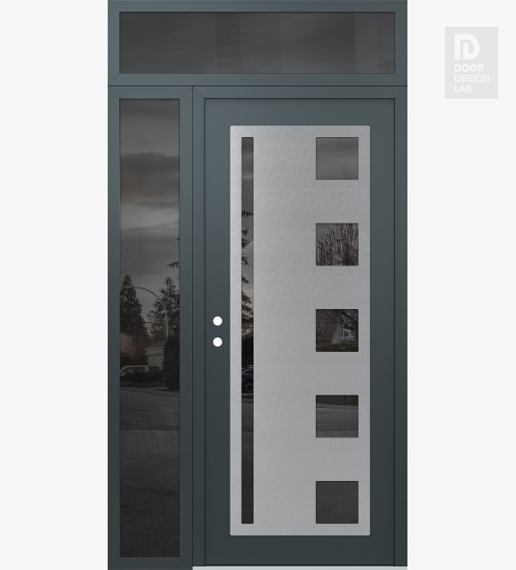 Modern Steel Front Door Diamond C3 48" x 96" anthracite/anthracite mirrored Glass Panel stainless steel RHI with Sidelite and Transom mirrored Glass