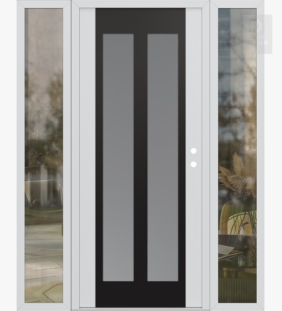 Modern Steel Front Door Diamond C14 68" x 80" white/white frosted Glass Panel black LHI with 2 Sidelites clear Glass