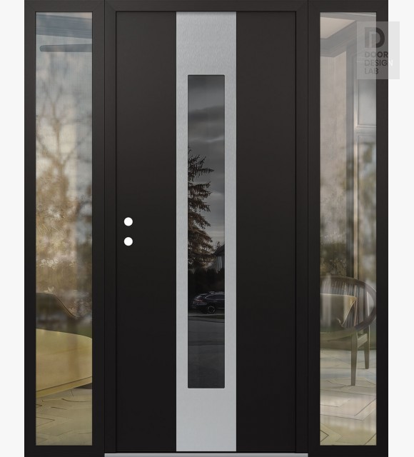 Modern Steel Front Door DIAMOND A1 68" X 80" BLACK/BLACK MIRRORED GLASS PANEL STAINLESS STEEL RHI WITH 2 SIDELITES CLEAR GLASS