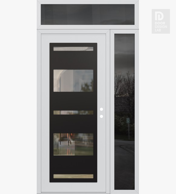 Modern Steel Front Door Diamond C10 48" x 96" white/white clear Glass Panel black LHI with Sidelite and Transom mirrored Glass