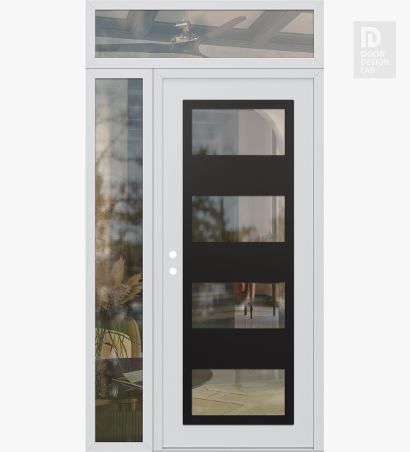 Modern Steel Front Door Diamond C2 52" x 96" white/white clear Glass Panel black RHI with Sidelite and Transom clear Glass