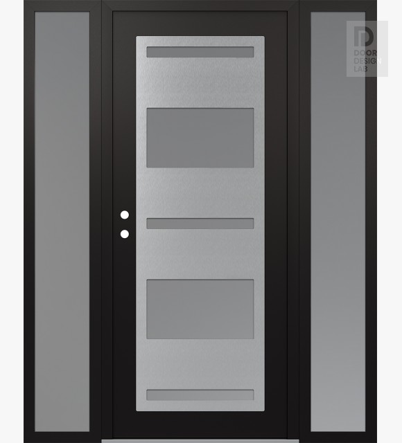 Modern Steel Front Door Diamond C10 64" x 80" black/white frosted Glass Panel stainless steel RHI with 2 Sidelites frosted Glass