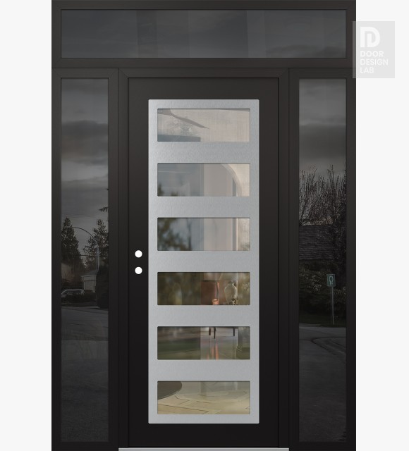 Modern Steel Front Door Diamond C9 68" x 96" black/black clear Glass Panel stainless steel RHI with 2 Sidelites and Transom mirrored Glass