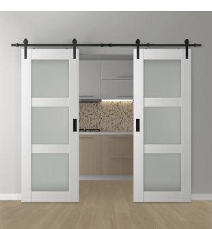 DOUBLE BARN DOOR PALLADIO 3 LITE VETRO BIANCO NOBLE 48" X 80" X 1 9/16" TEMPERED FROSTED GLASS BLACK HARDWARE