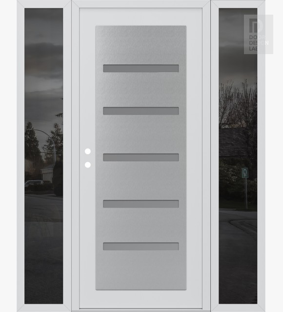Modern Steel Front Door Diamond C7 60" x 80" white/white frosted Glass Panel stainless steel RHI with 2 Sidelites mirrored Glass