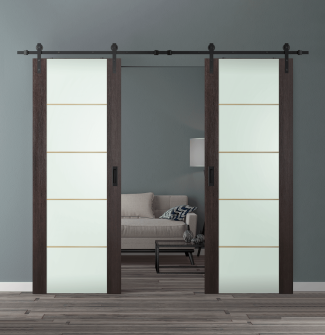 DOUBLE BARN DOOR AVON 202 4H GOLD STRIPS VETRO VERALINGA OAK 56" X 96" X 1 3/4" BLACK HARDWARE